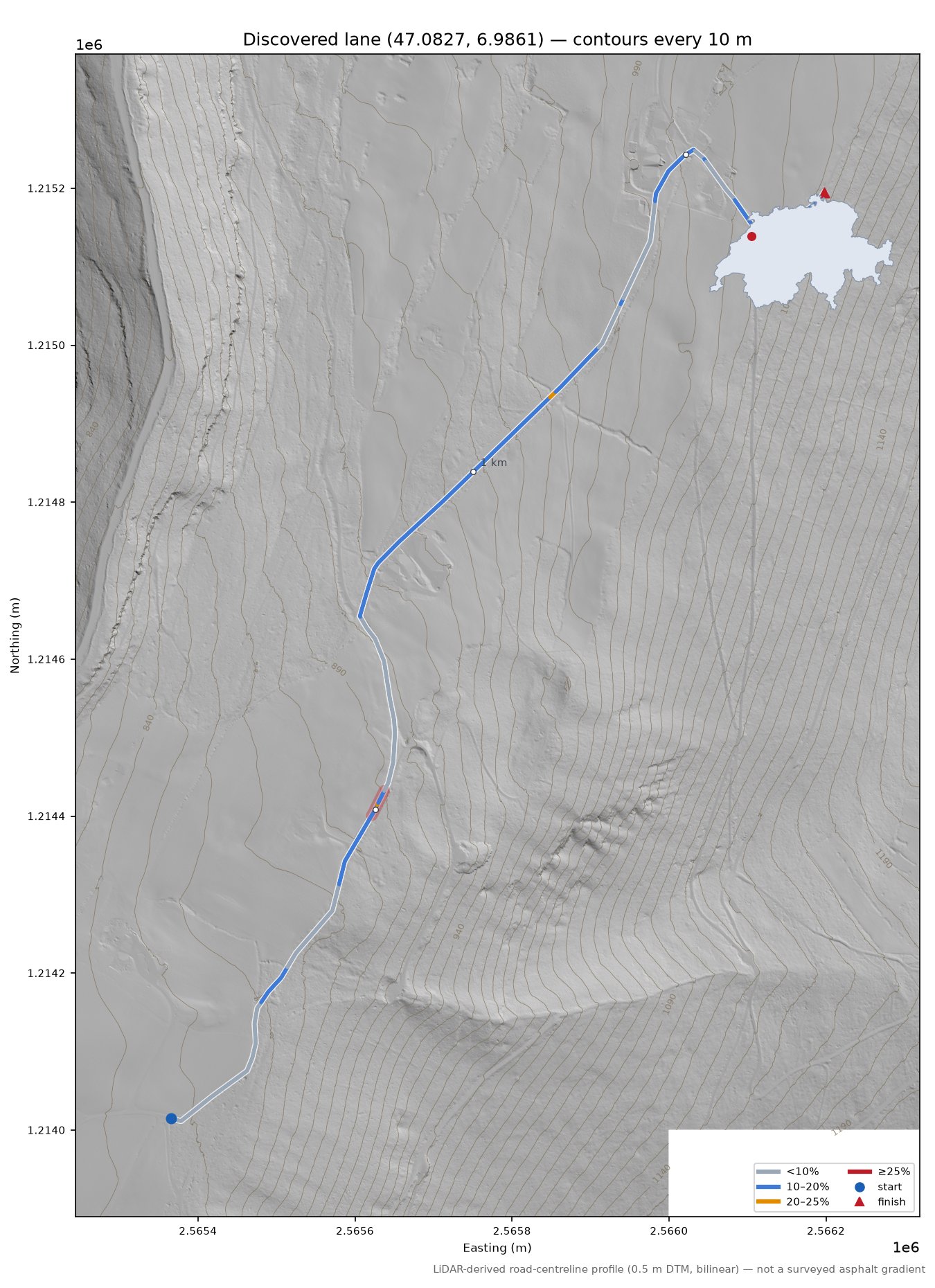 Discovered lane (47.0827, 6.9861) LiDAR hillshade map with contours