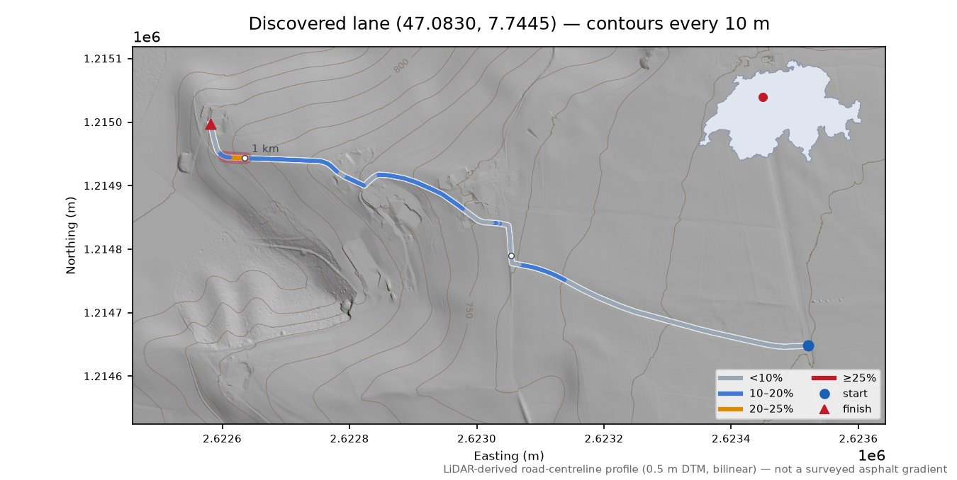 Discovered lane (47.0830, 7.7445) LiDAR hillshade map with contours