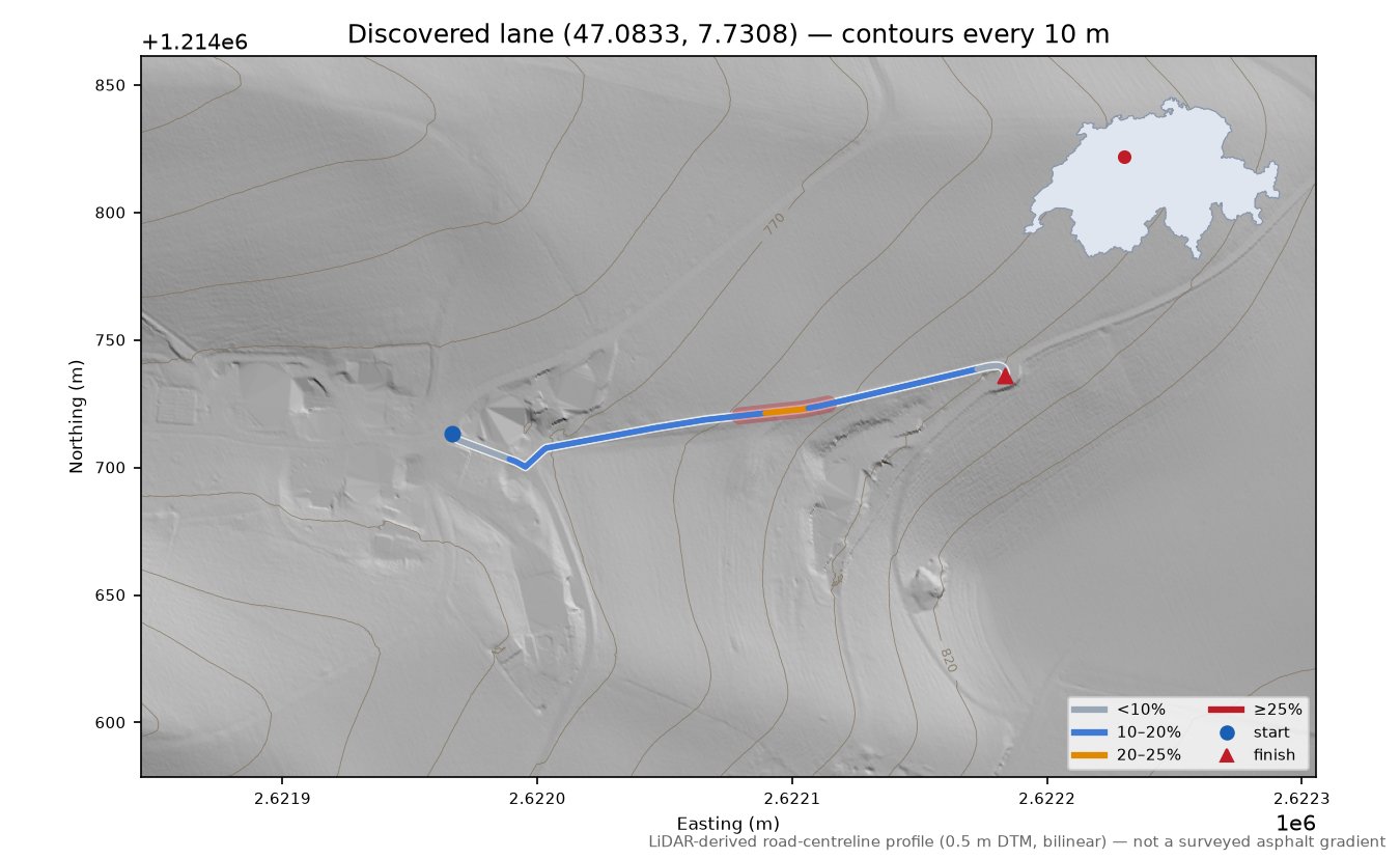 Discovered lane (47.0833, 7.7308) LiDAR hillshade map with contours