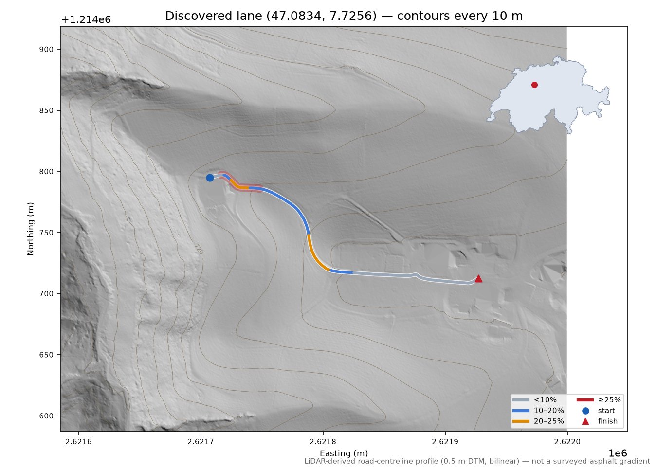 Discovered lane (47.0834, 7.7256) LiDAR hillshade map with contours