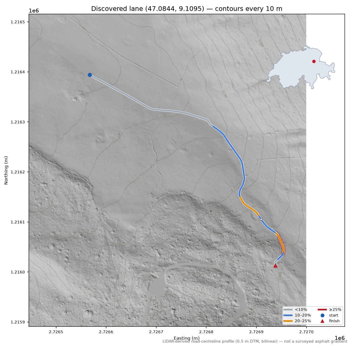 Discovered lane (47.0844, 9.1095) LiDAR hillshade map with contours