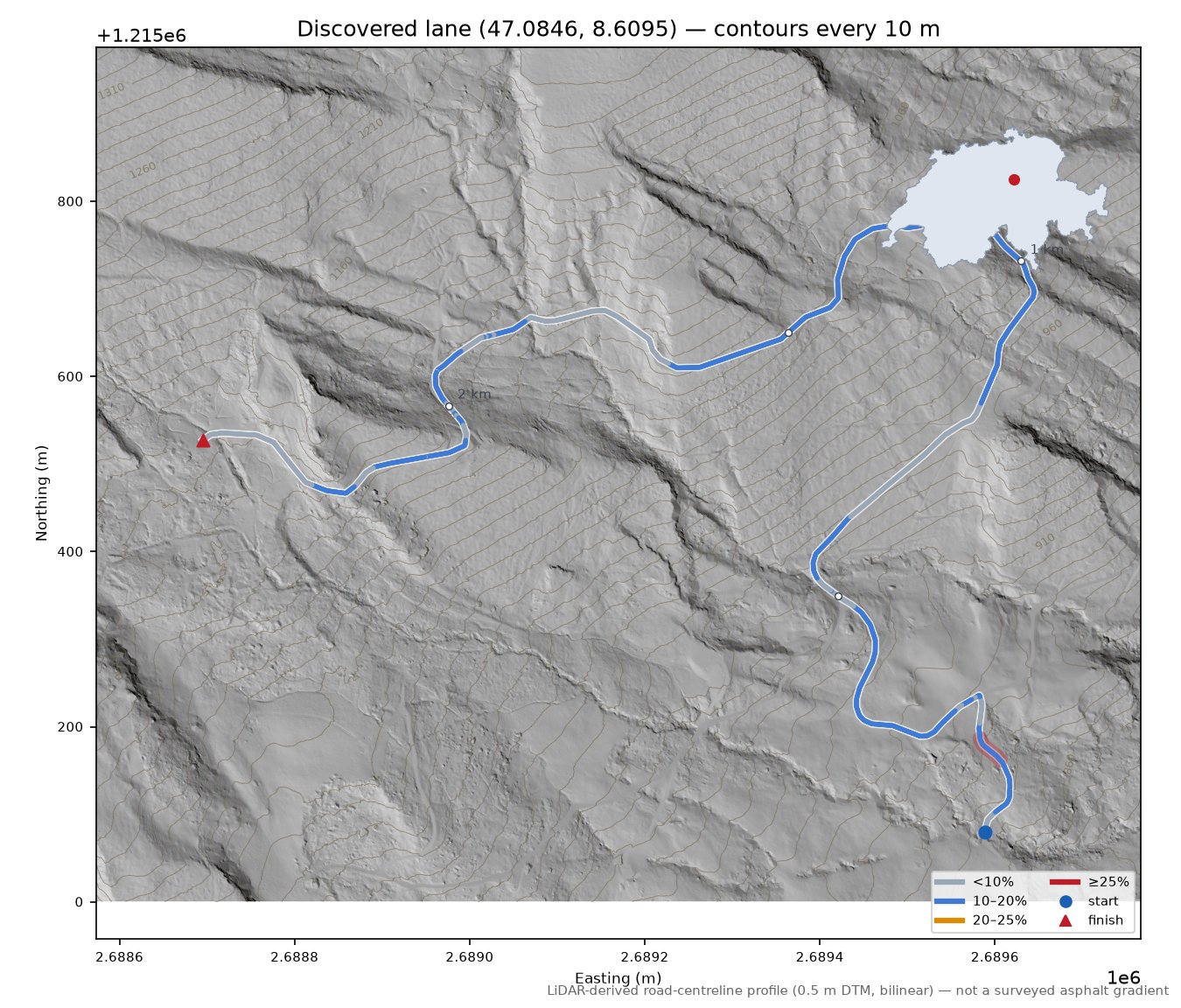 Discovered lane (47.0846, 8.6095) LiDAR hillshade map with contours