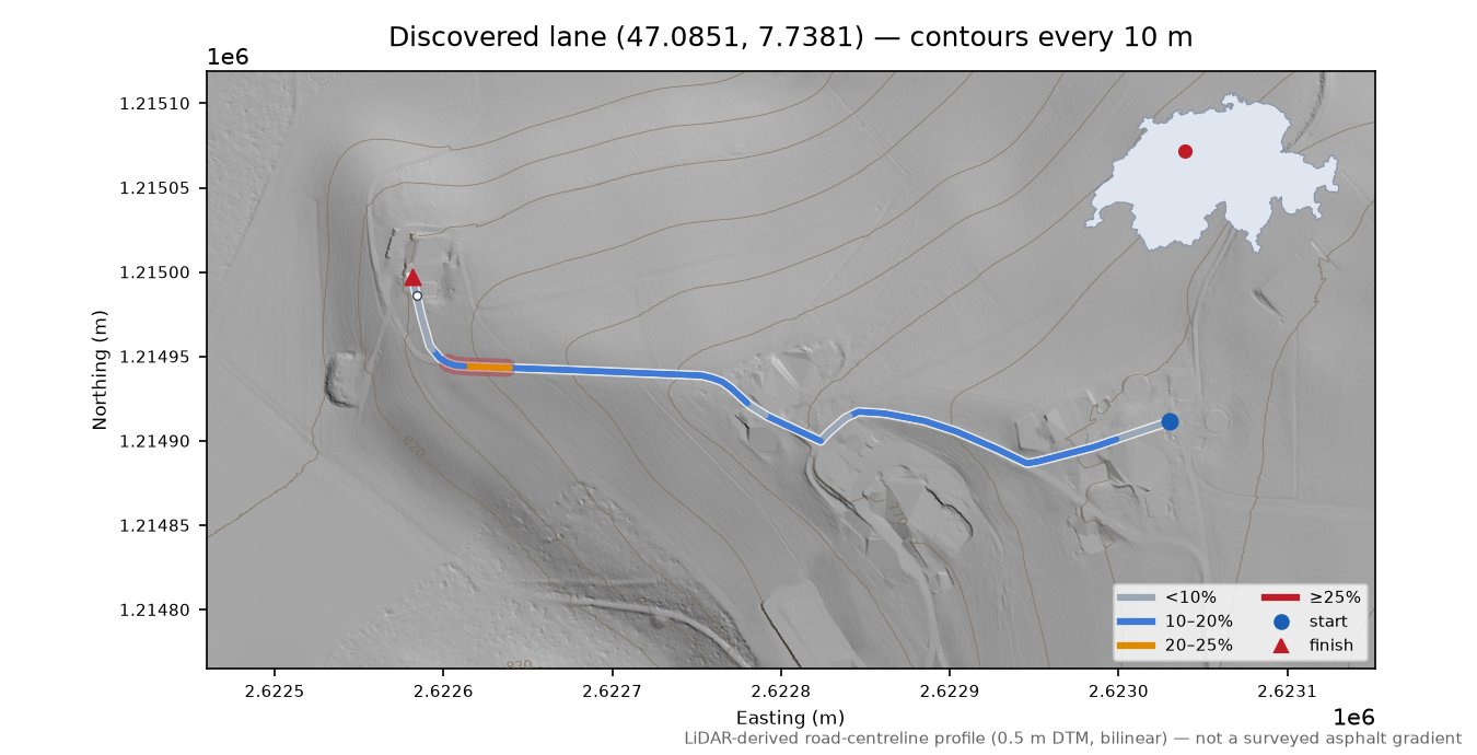 Discovered lane (47.0851, 7.7381) LiDAR hillshade map with contours