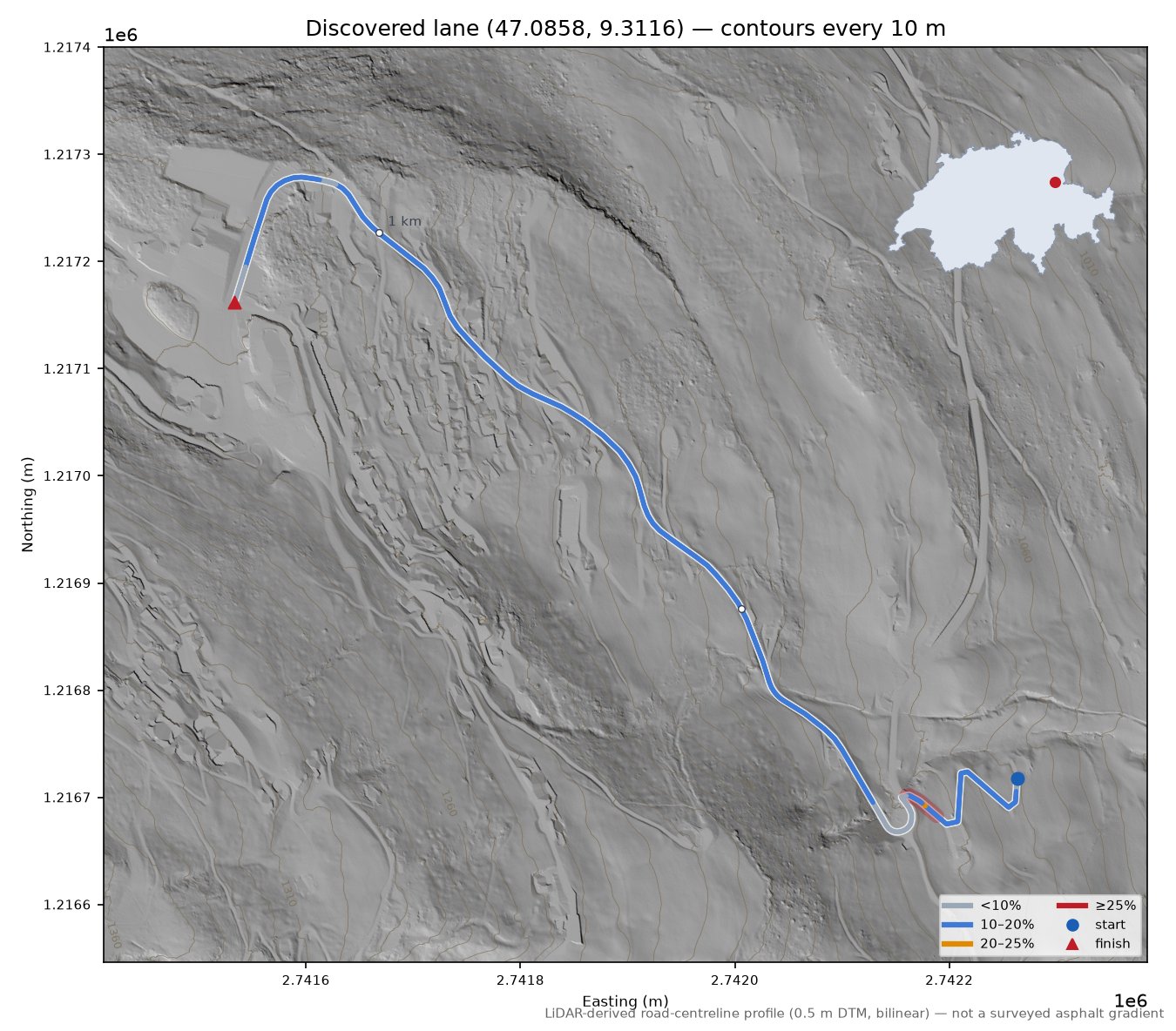 Discovered lane (47.0858, 9.3116) LiDAR hillshade map with contours