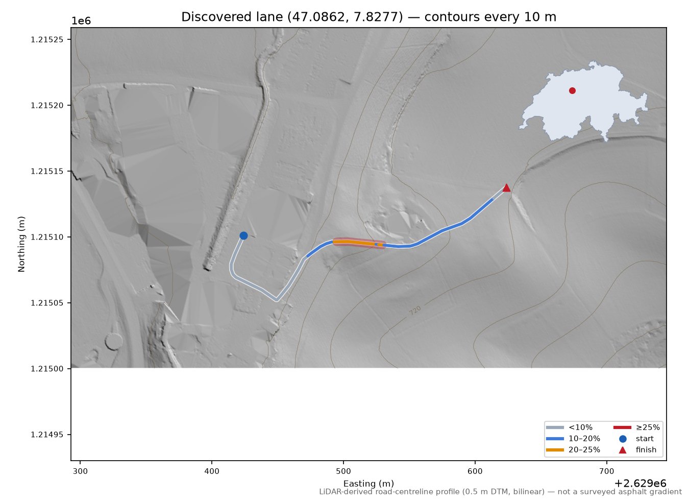 Discovered lane (47.0862, 7.8277) LiDAR hillshade map with contours