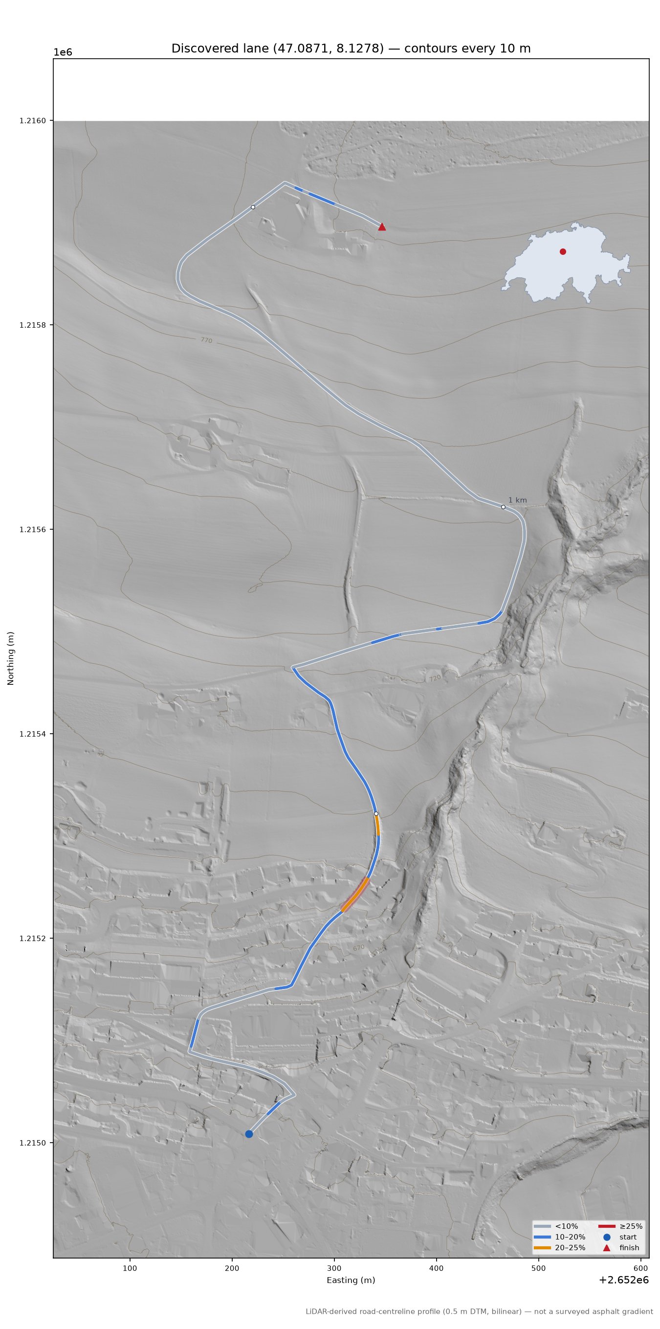 Discovered lane (47.0871, 8.1278) LiDAR hillshade map with contours