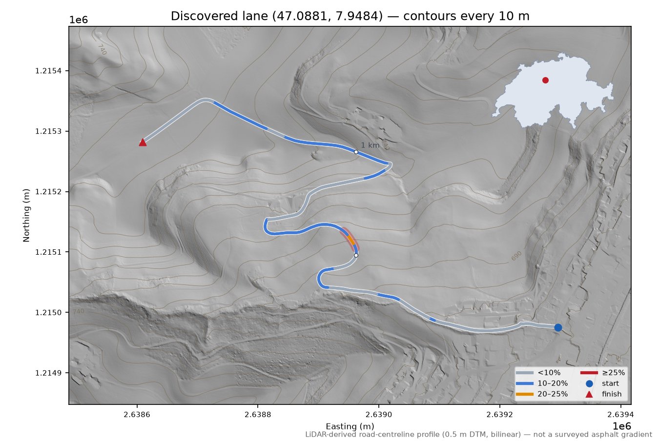 Discovered lane (47.0881, 7.9484) LiDAR hillshade map with contours