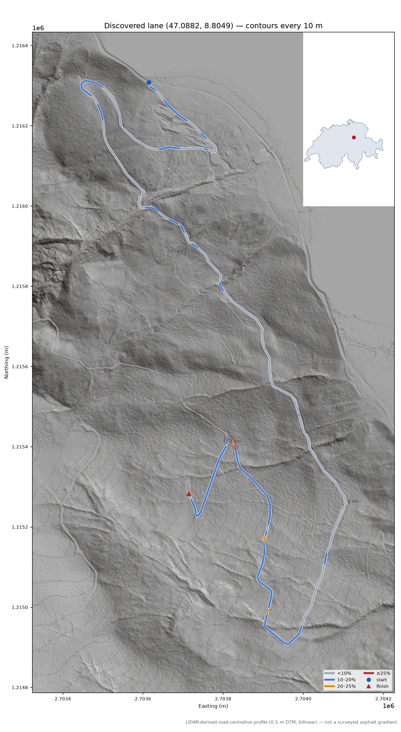 Discovered lane (47.0882, 8.8049) LiDAR hillshade map with contours