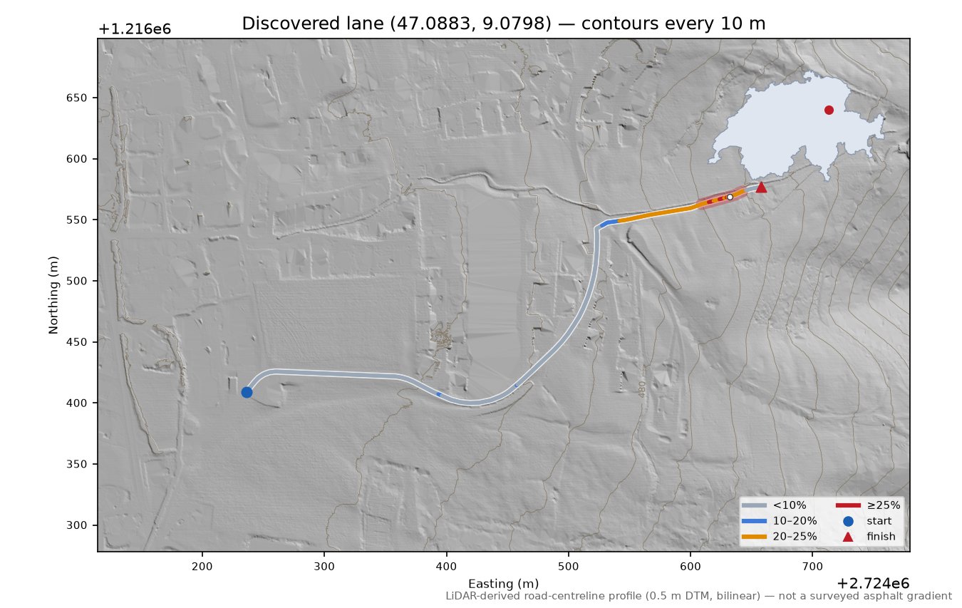 Discovered lane (47.0883, 9.0798) LiDAR hillshade map with contours