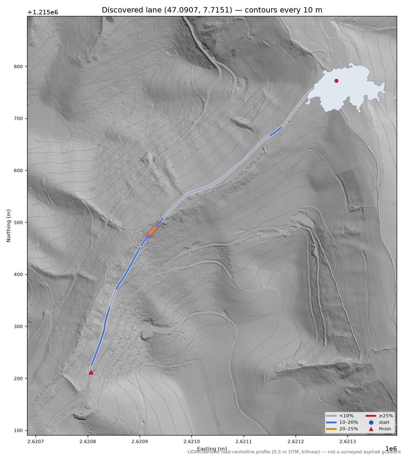 Discovered lane (47.0907, 7.7151) LiDAR hillshade map with contours