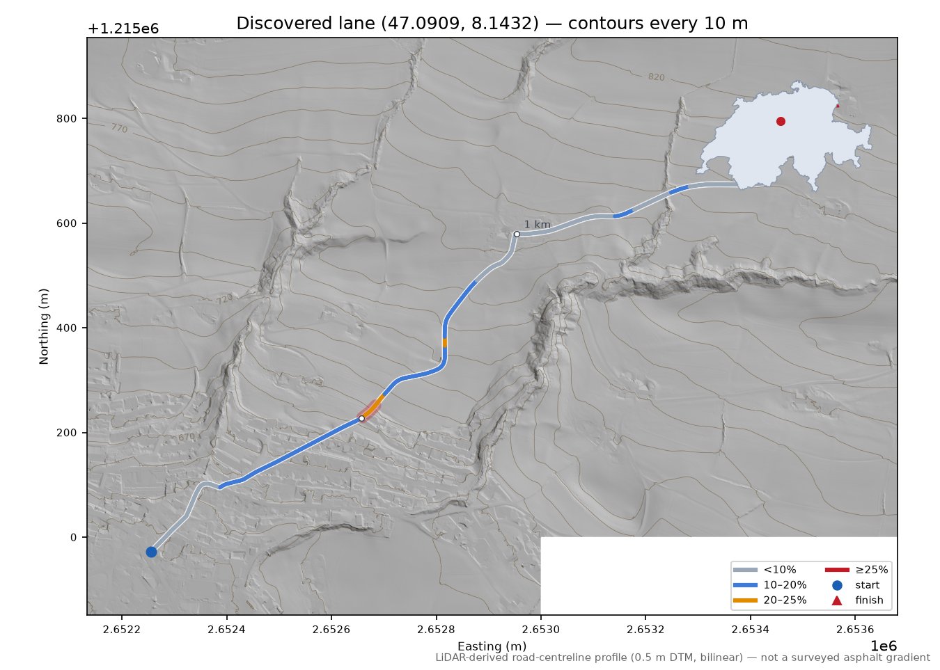 Discovered lane (47.0909, 8.1432) LiDAR hillshade map with contours
