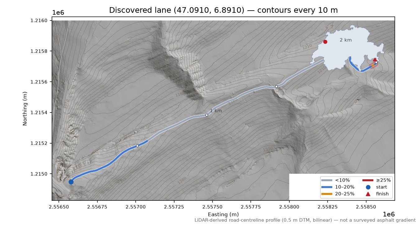 Discovered lane (47.0910, 6.8910) LiDAR hillshade map with contours