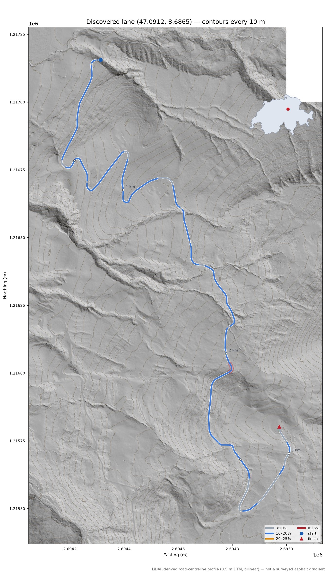 Discovered lane (47.0912, 8.6865) LiDAR hillshade map with contours