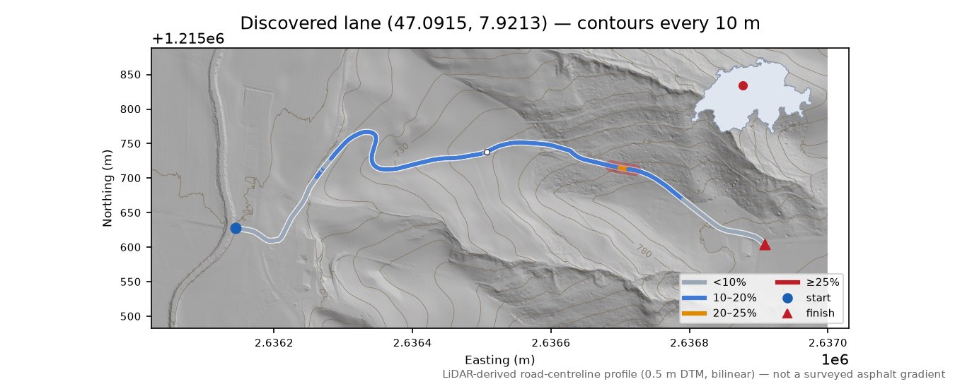 Discovered lane (47.0915, 7.9213) LiDAR hillshade map with contours