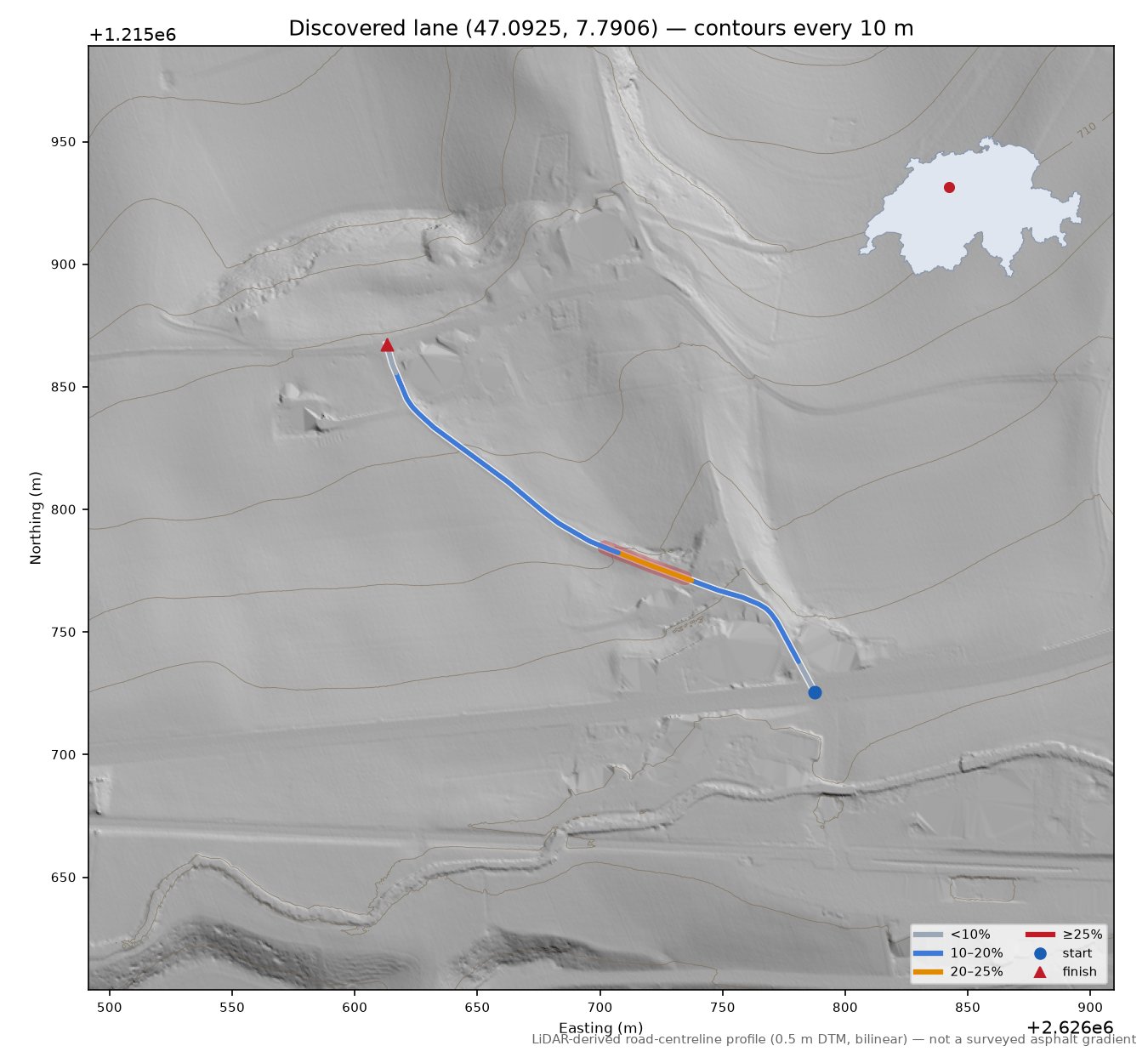 Discovered lane (47.0925, 7.7906) LiDAR hillshade map with contours