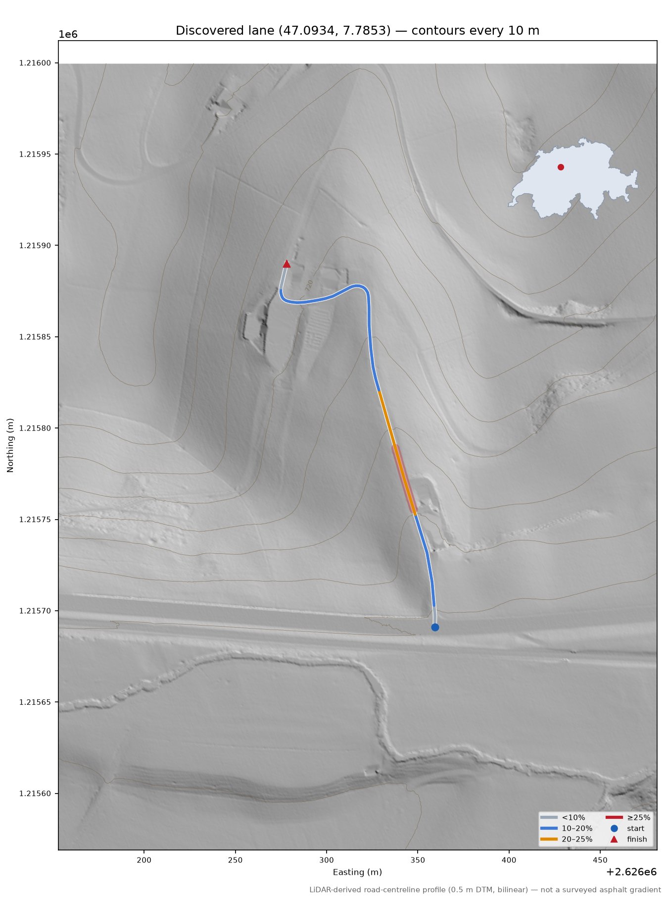 Discovered lane (47.0934, 7.7853) LiDAR hillshade map with contours