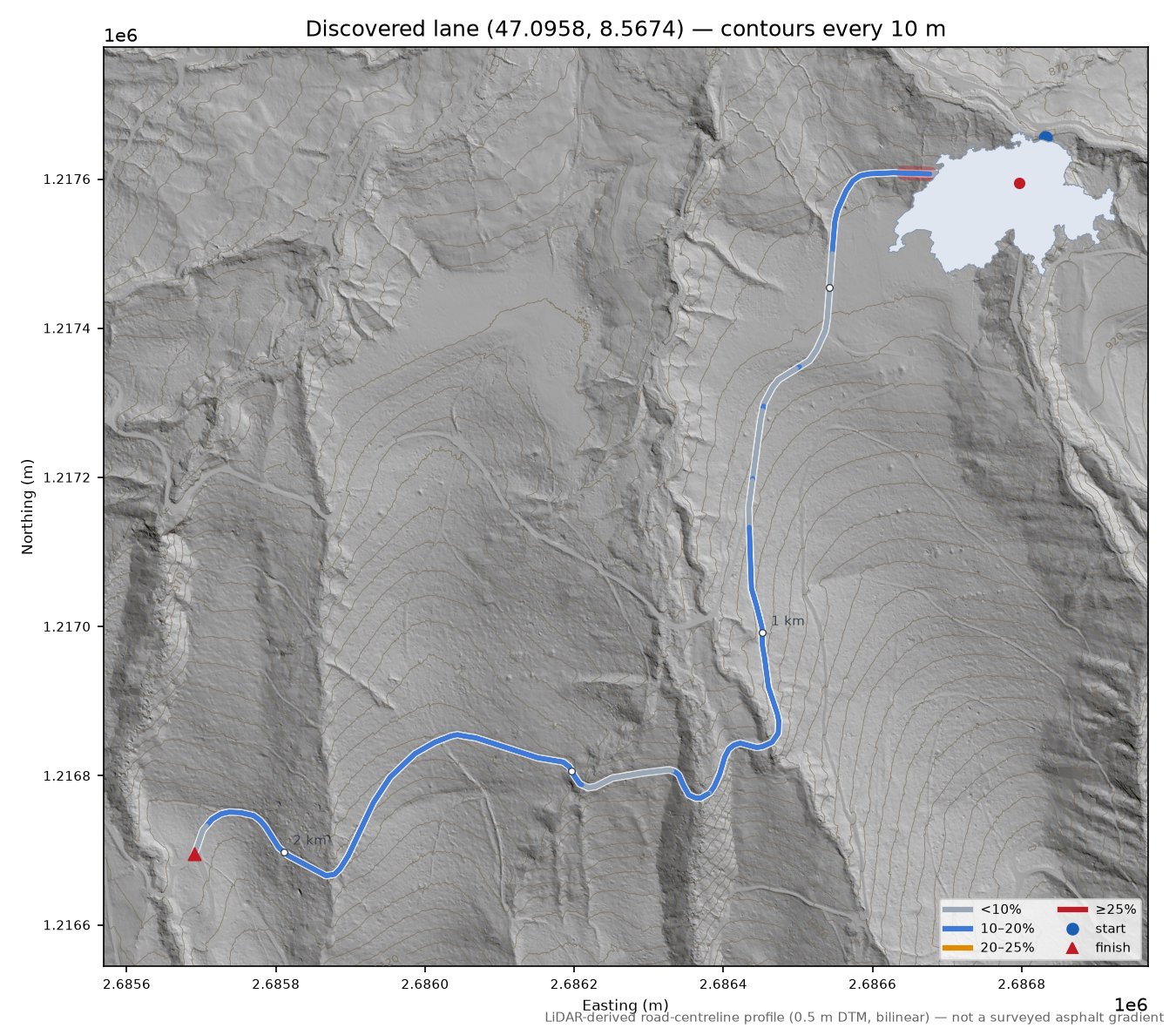 Discovered lane (47.0958, 8.5674) LiDAR hillshade map with contours