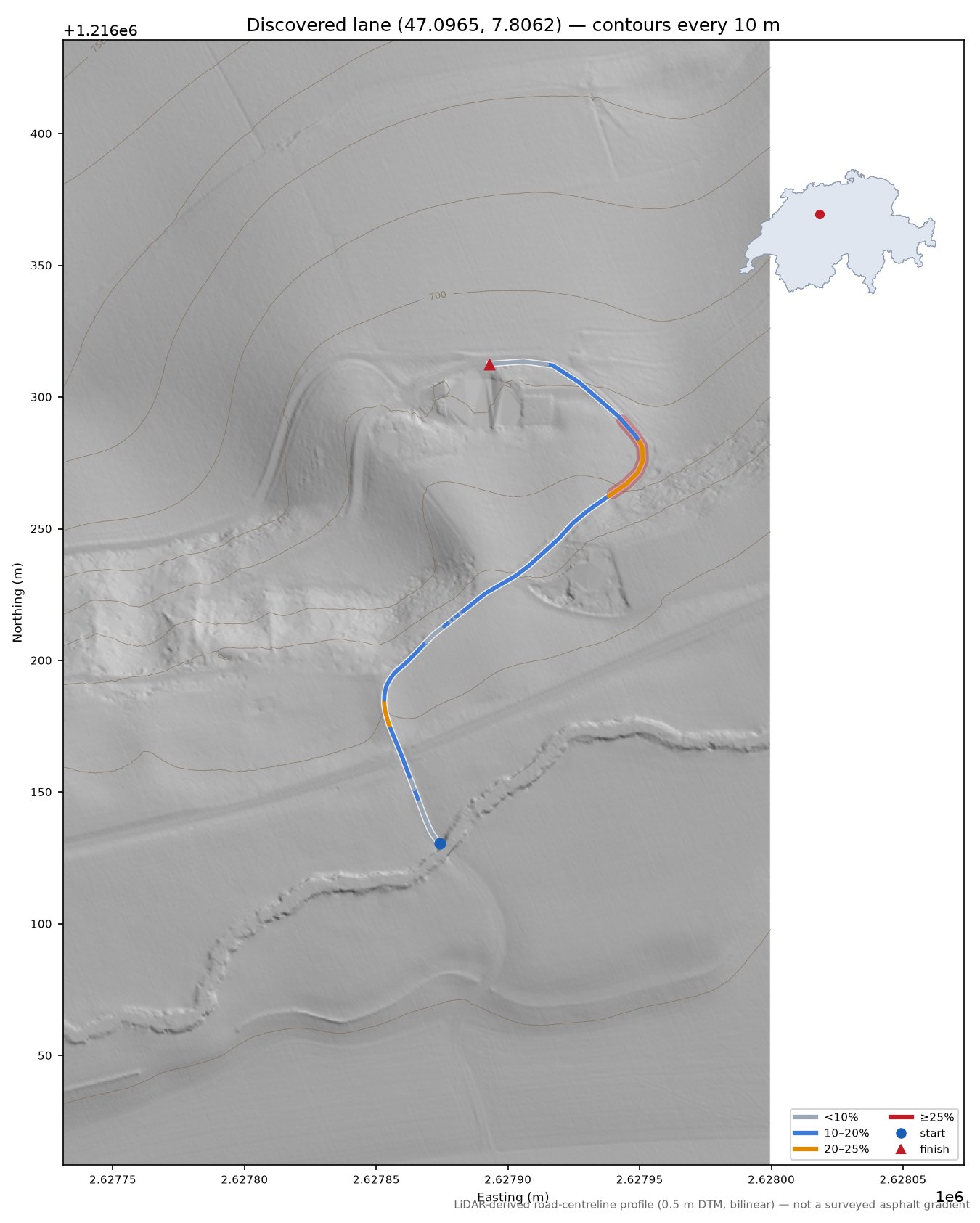 Discovered lane (47.0965, 7.8062) LiDAR hillshade map with contours