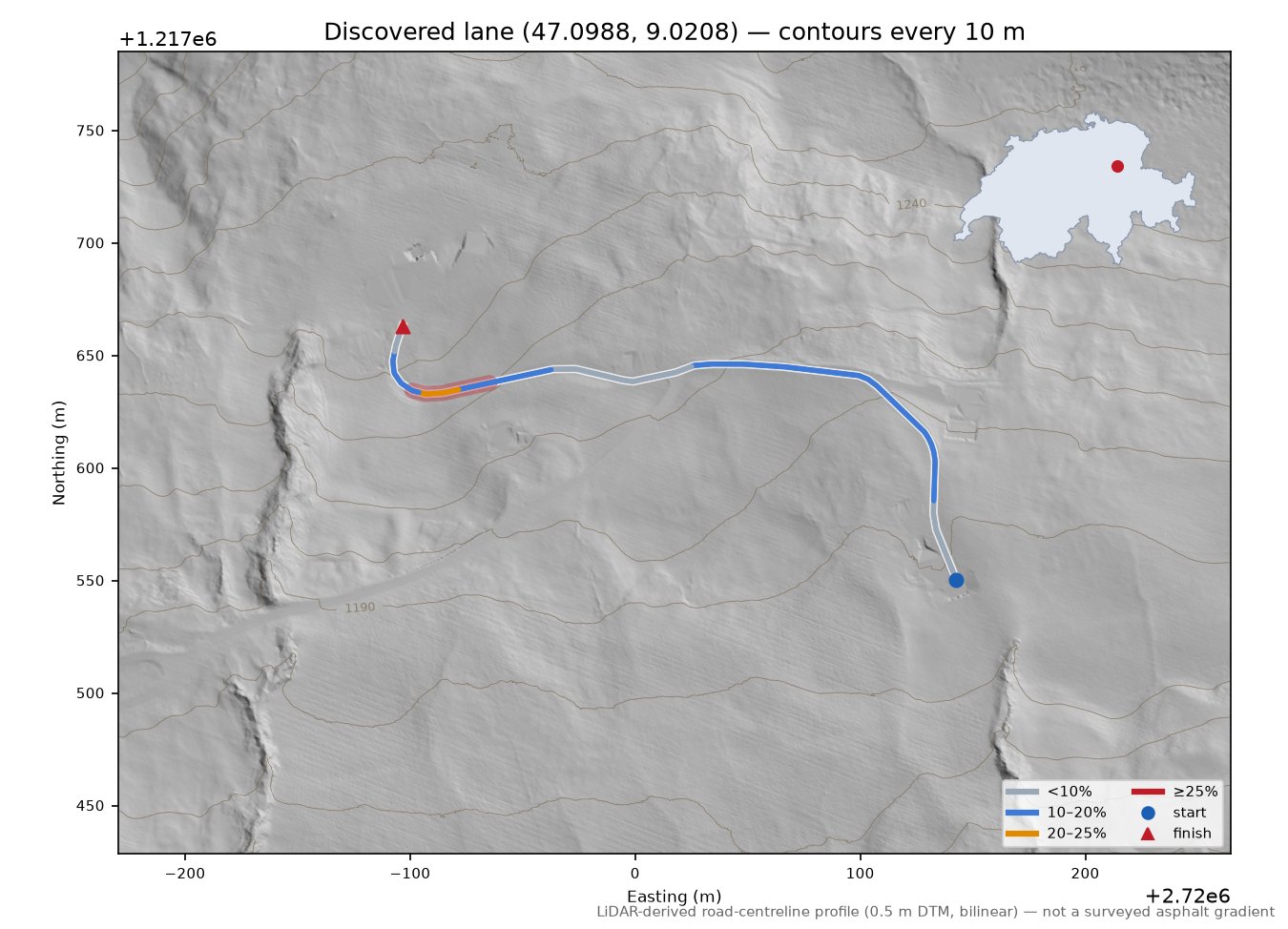 Discovered lane (47.0988, 9.0208) LiDAR hillshade map with contours