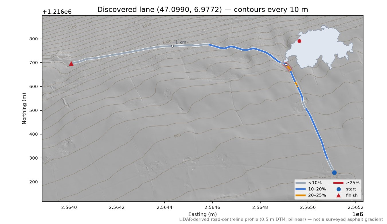 Discovered lane (47.0990, 6.9772) LiDAR hillshade map with contours