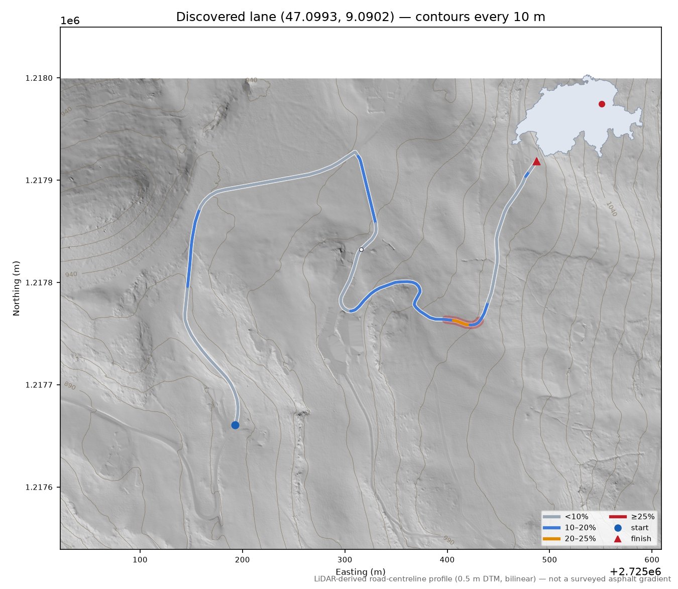 Discovered lane (47.0993, 9.0902) LiDAR hillshade map with contours