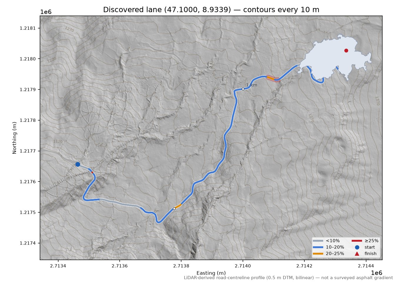 Discovered lane (47.1000, 8.9339) LiDAR hillshade map with contours