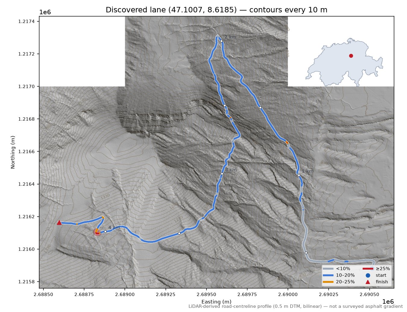 Discovered lane (47.1007, 8.6185) LiDAR hillshade map with contours