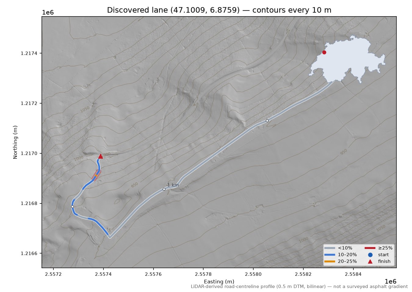 Discovered lane (47.1009, 6.8759) LiDAR hillshade map with contours