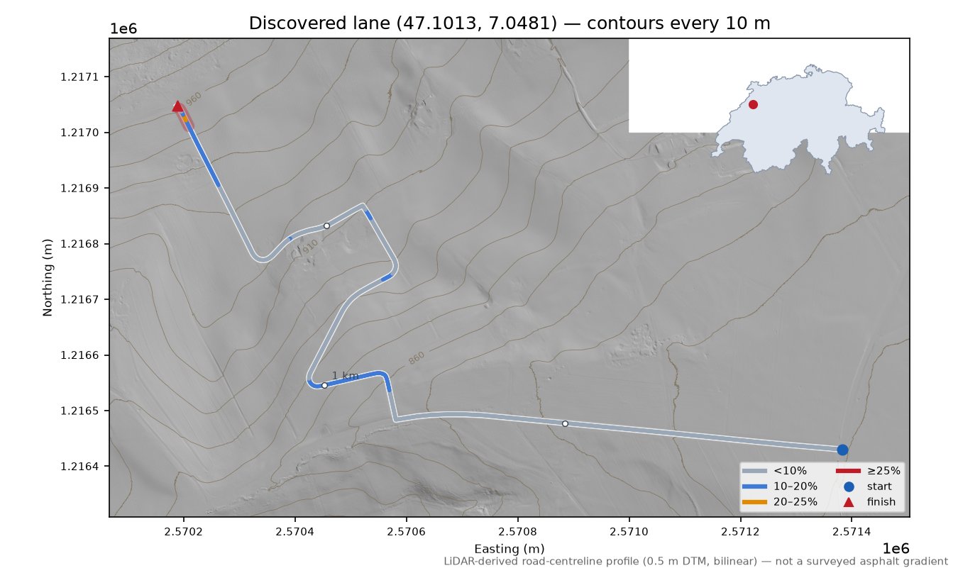 Discovered lane (47.1013, 7.0481) LiDAR hillshade map with contours