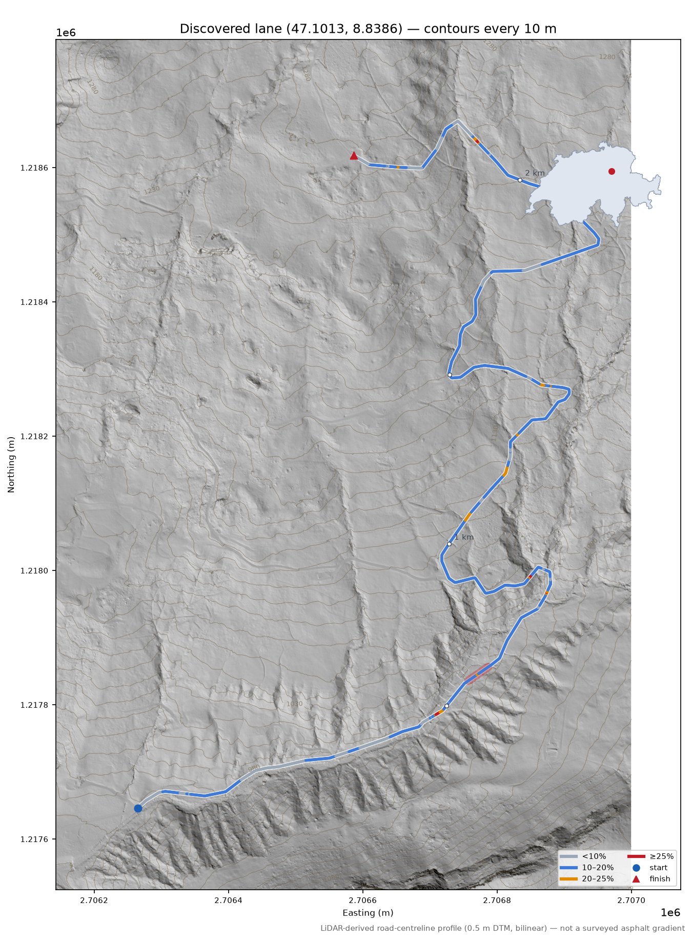 Discovered lane (47.1013, 8.8386) LiDAR hillshade map with contours