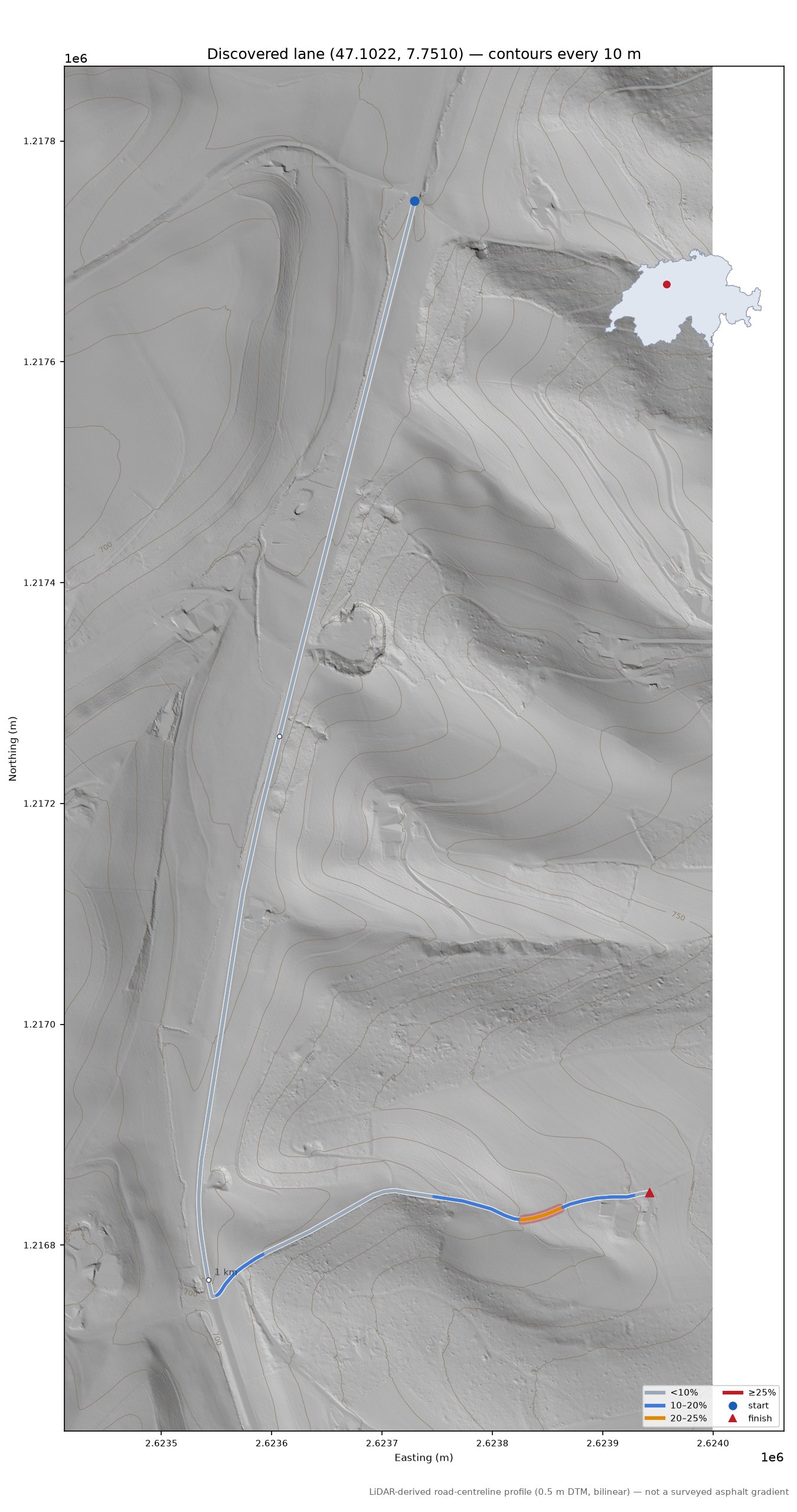 Discovered lane (47.1022, 7.7510) LiDAR hillshade map with contours