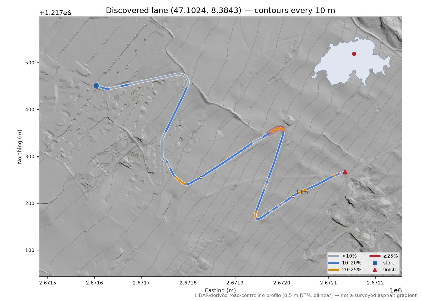 Discovered lane (47.1024, 8.3843) LiDAR hillshade map with contours
