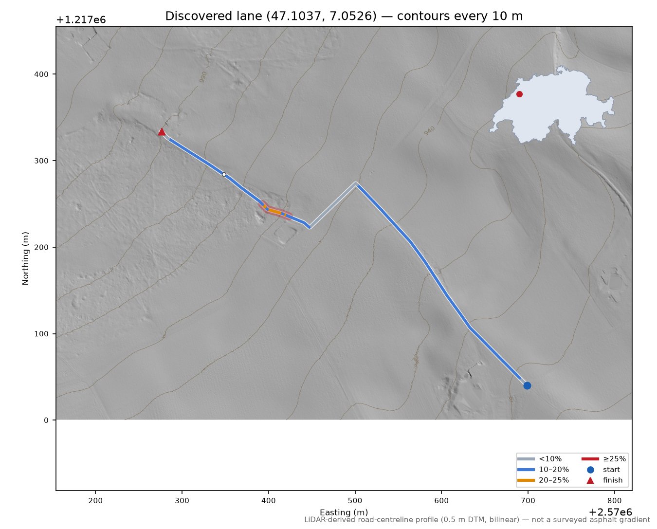 Discovered lane (47.1037, 7.0526) LiDAR hillshade map with contours
