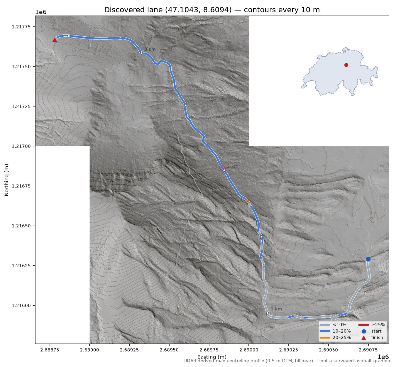 Discovered lane (47.1043, 8.6094) LiDAR hillshade map with contours