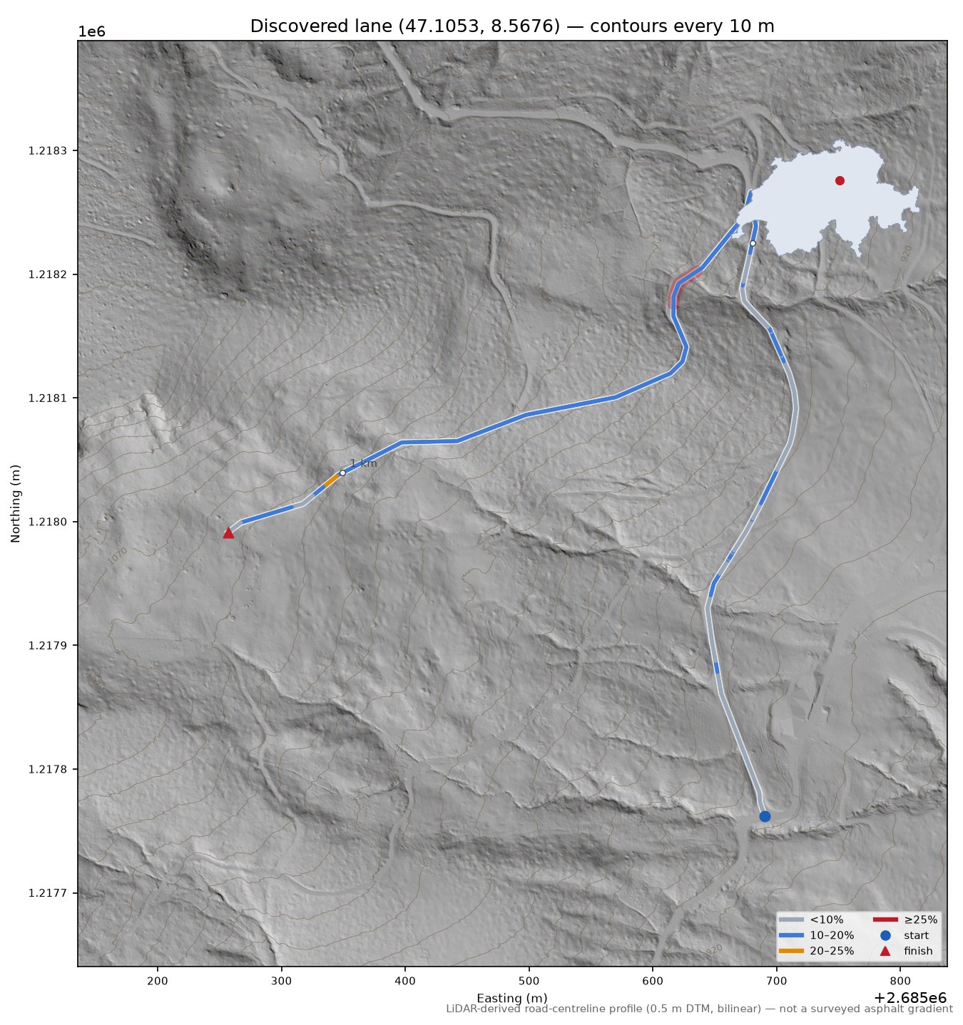 Discovered lane (47.1053, 8.5676) LiDAR hillshade map with contours