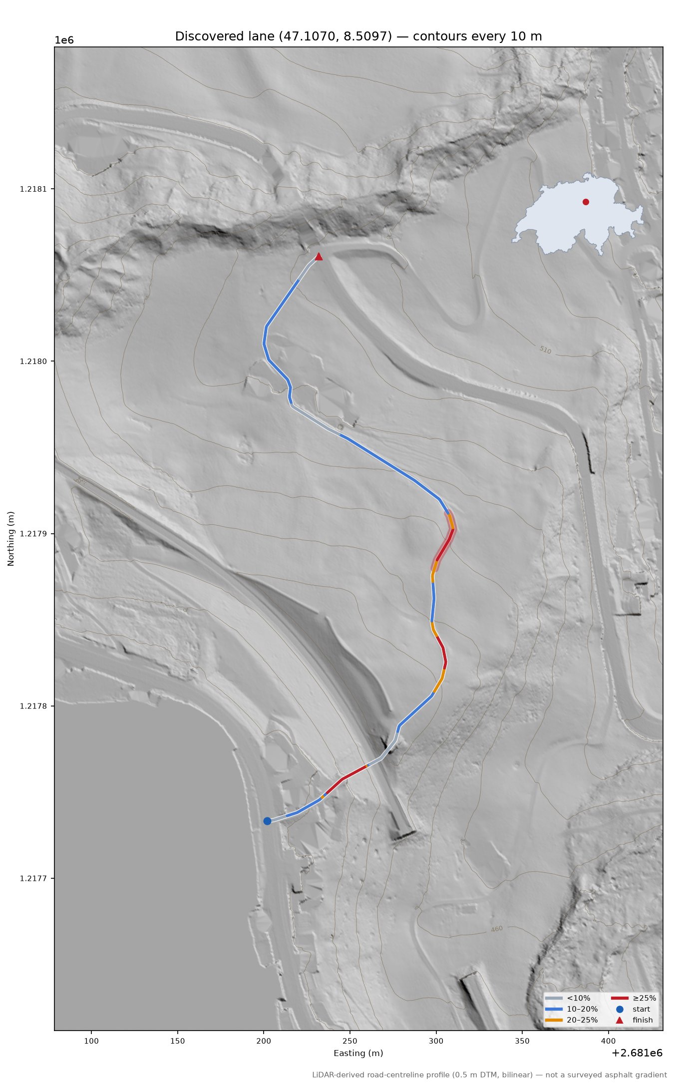 Discovered lane (47.1070, 8.5097) LiDAR hillshade map with contours