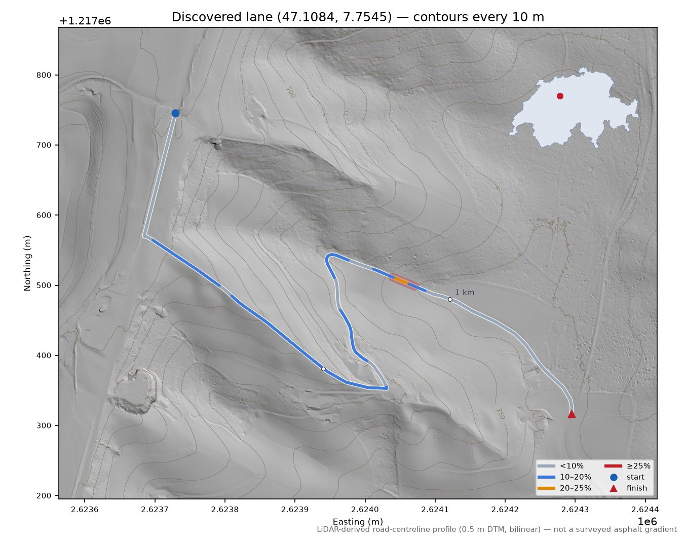 Discovered lane (47.1084, 7.7545) LiDAR hillshade map with contours