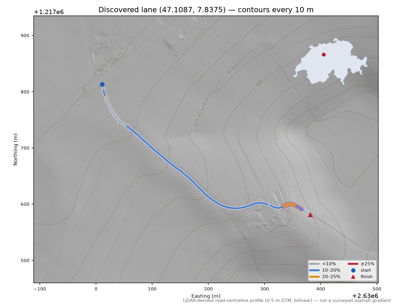 Discovered lane (47.1087, 7.8375) LiDAR hillshade map with contours
