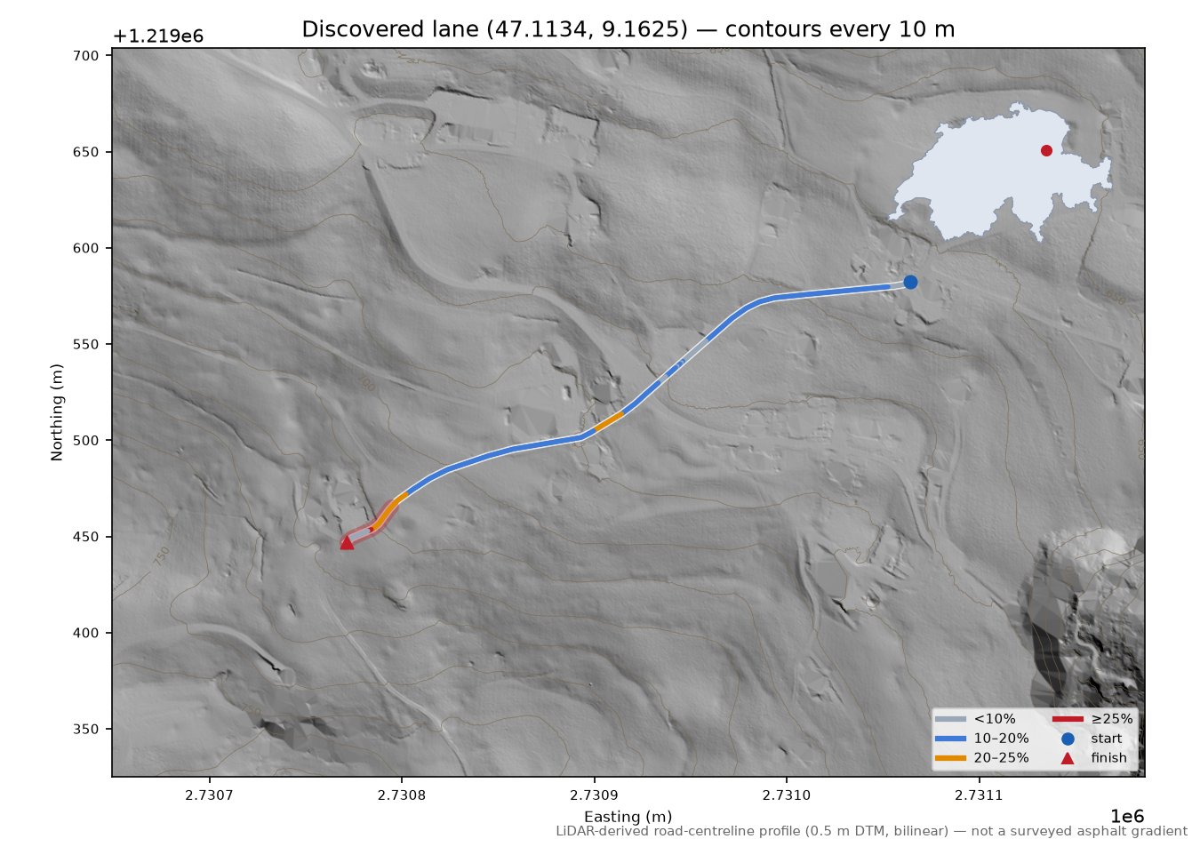 Discovered lane (47.1134, 9.1625) LiDAR hillshade map with contours