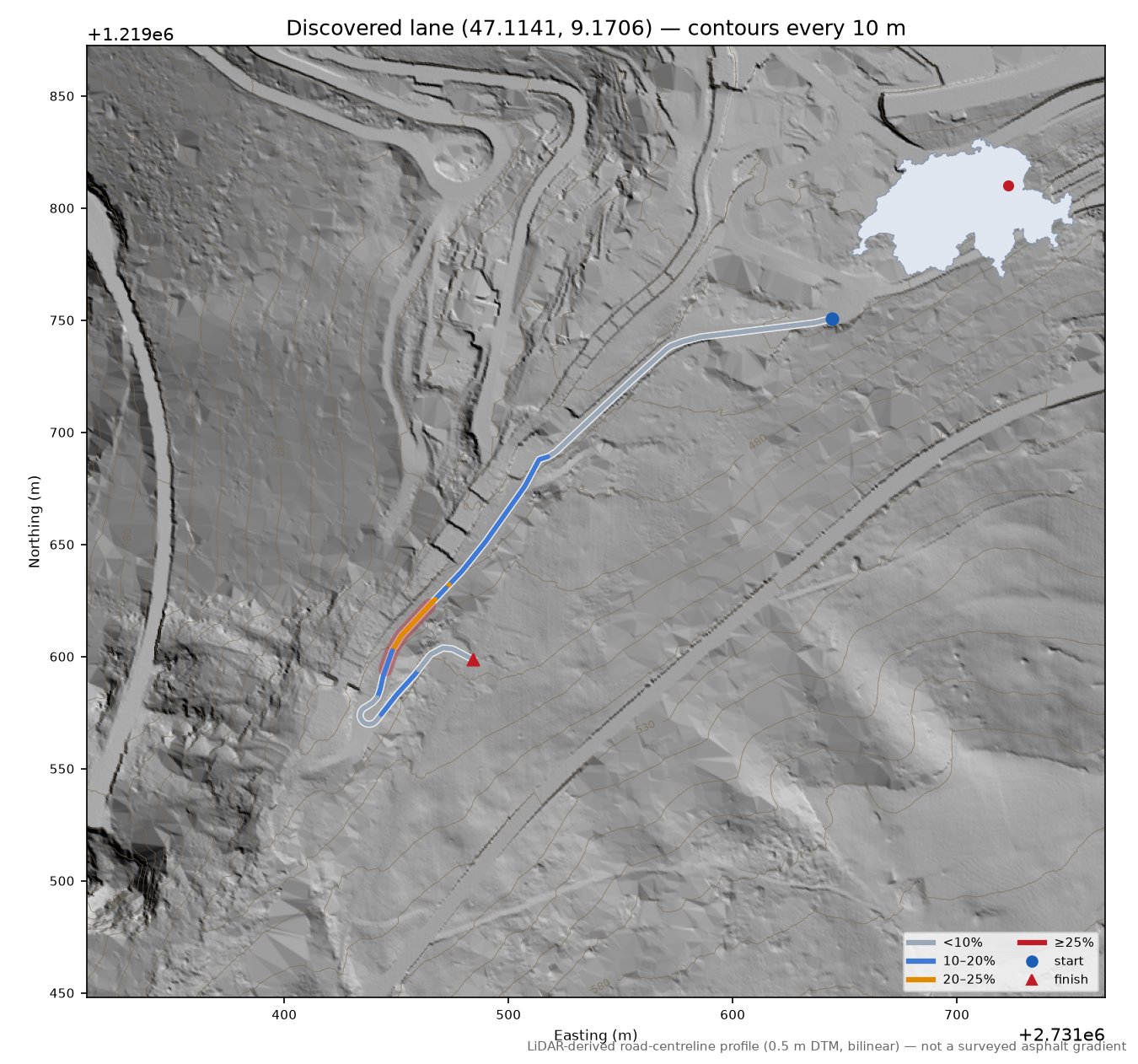 Discovered lane (47.1141, 9.1706) LiDAR hillshade map with contours