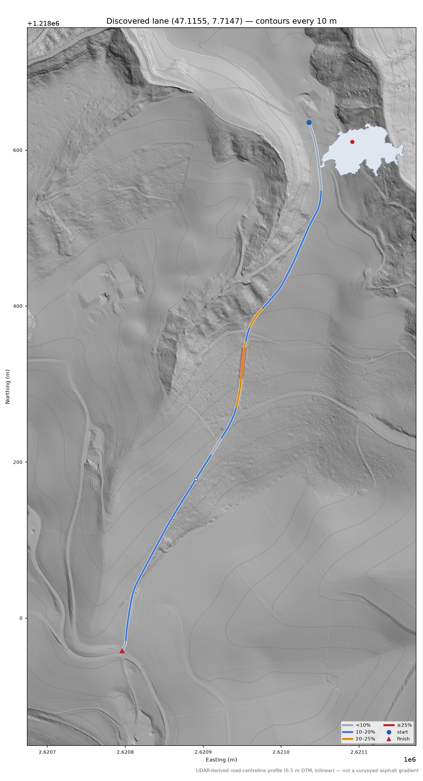 Discovered lane (47.1155, 7.7147) LiDAR hillshade map with contours