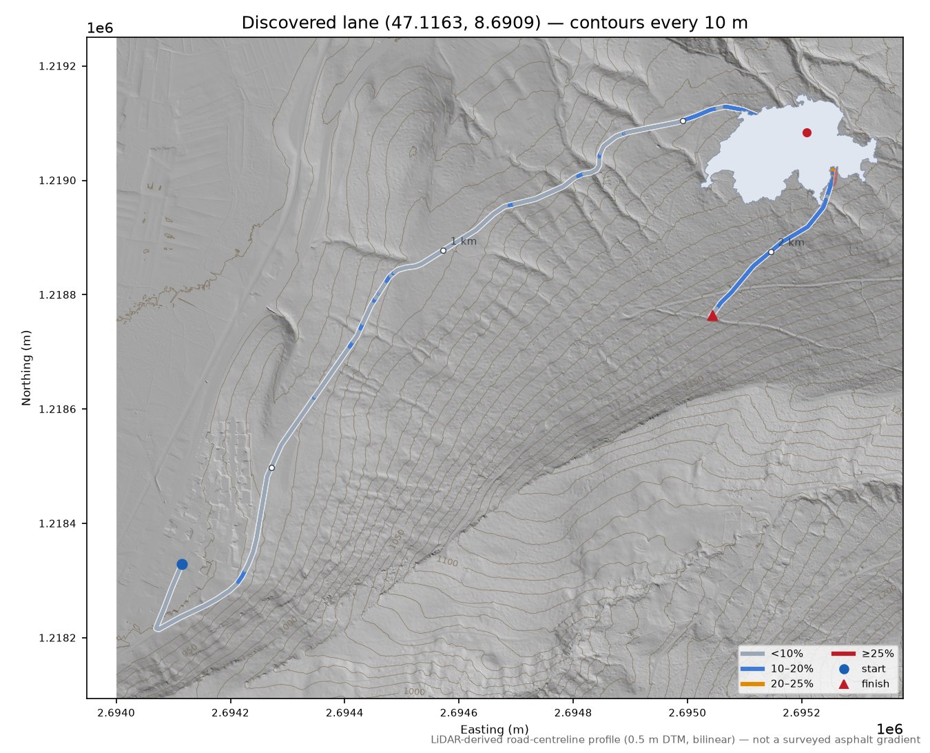 Discovered lane (47.1163, 8.6909) LiDAR hillshade map with contours