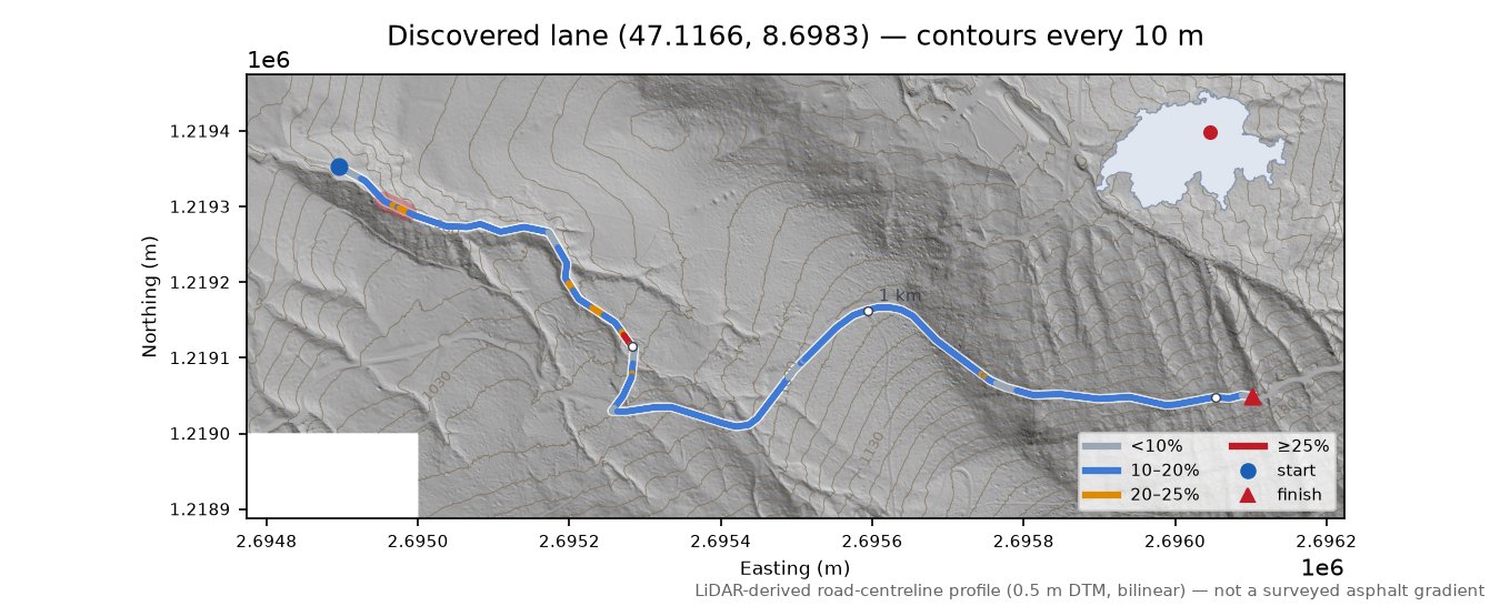 Discovered lane (47.1166, 8.6983) LiDAR hillshade map with contours