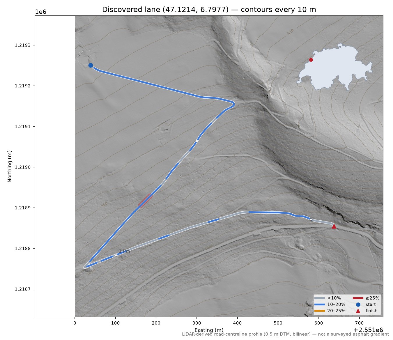 Discovered lane (47.1214, 6.7977) LiDAR hillshade map with contours
