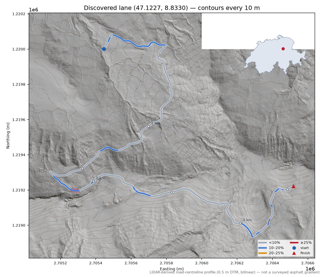 Discovered lane (47.1227, 8.8330) LiDAR hillshade map with contours