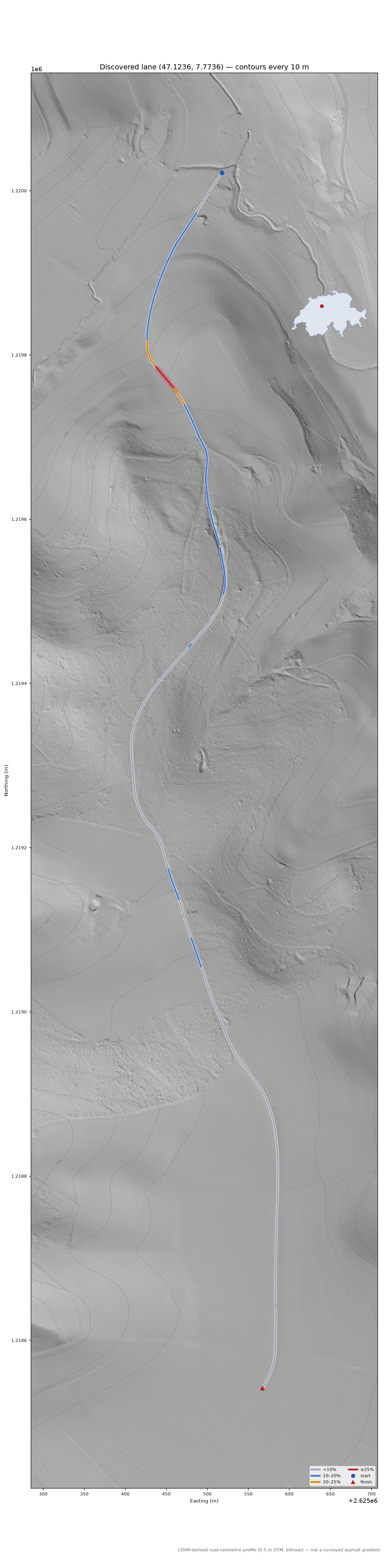 Discovered lane (47.1236, 7.7736) LiDAR hillshade map with contours