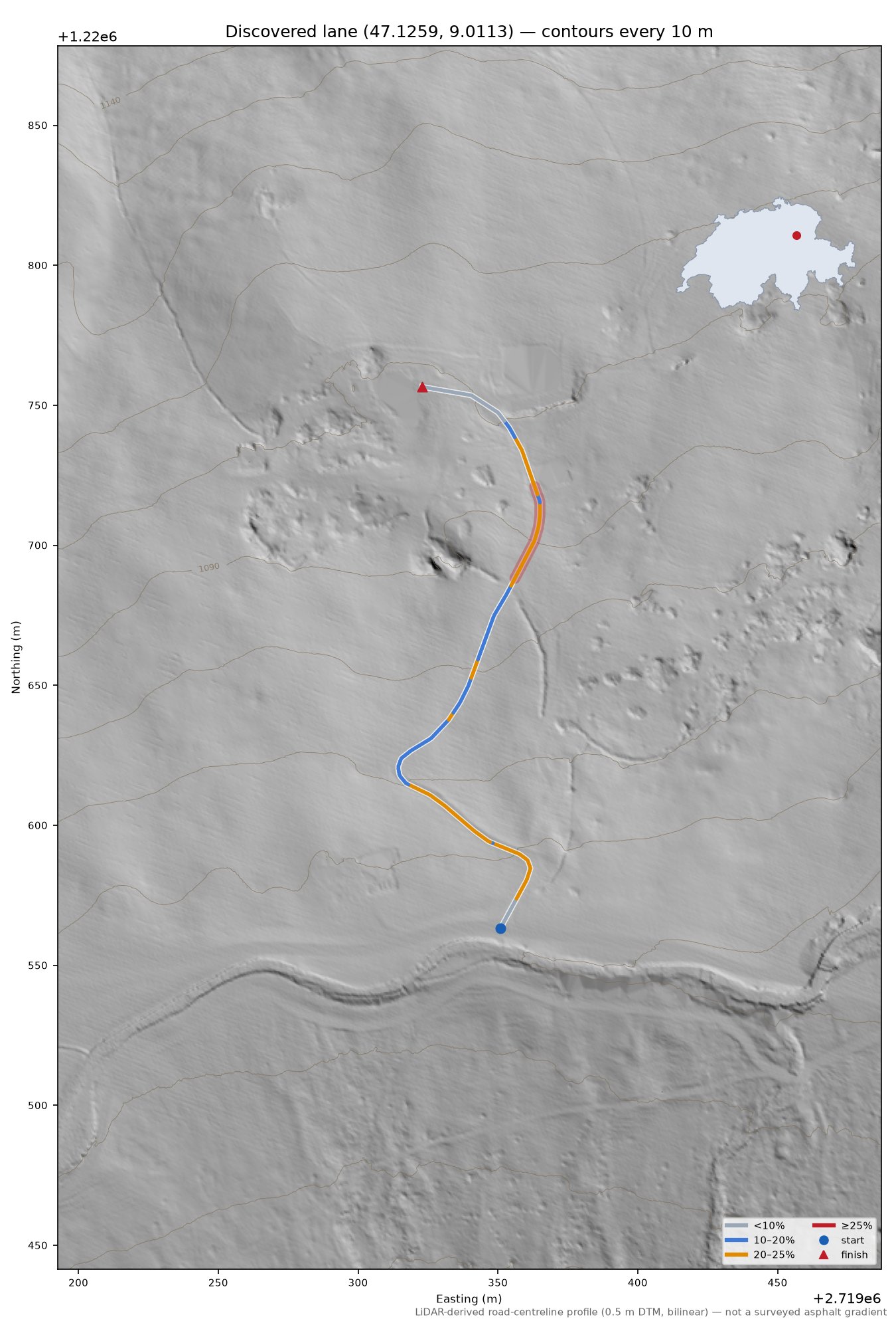 Discovered lane (47.1259, 9.0113) LiDAR hillshade map with contours