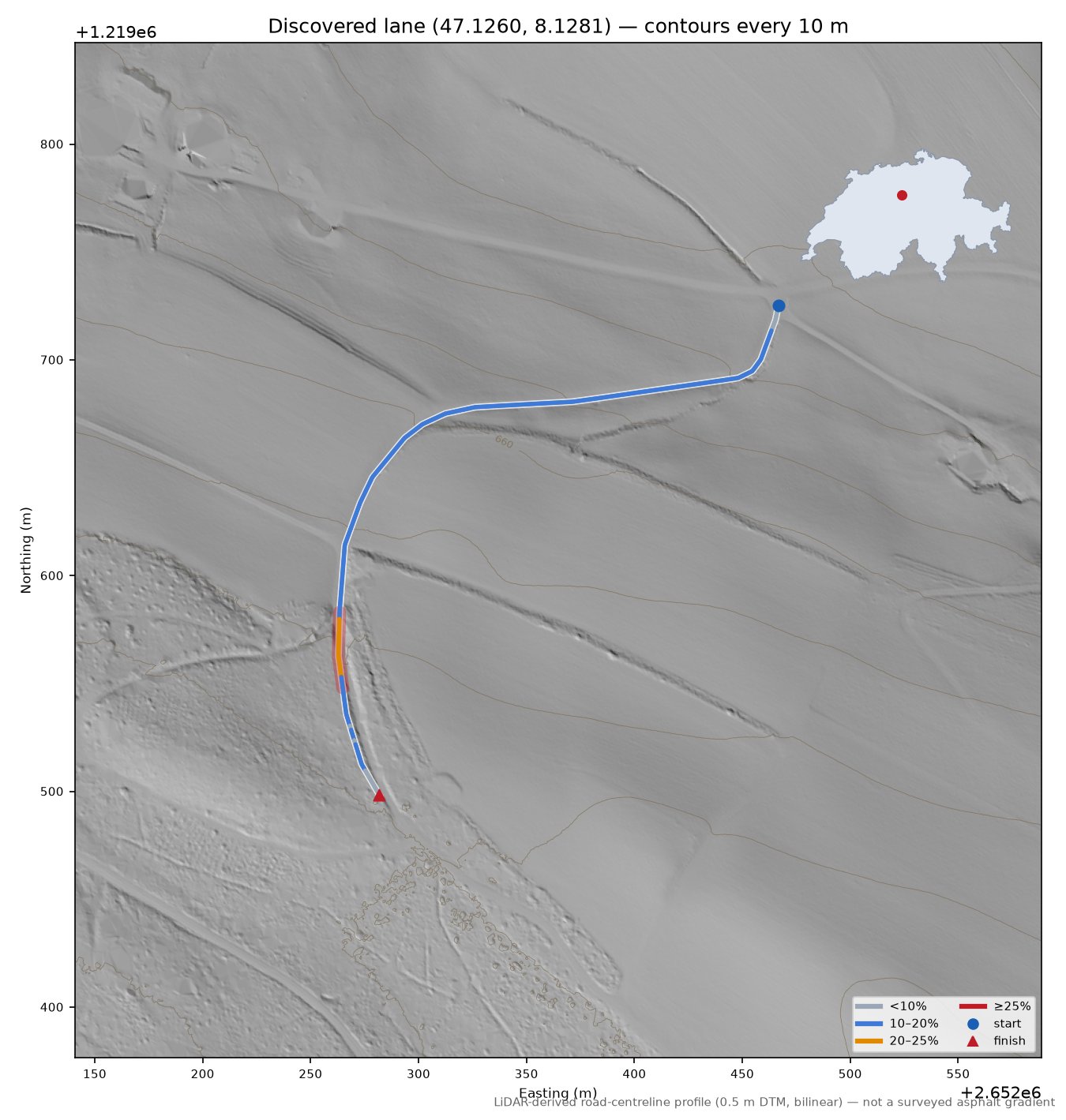 Discovered lane (47.1260, 8.1281) LiDAR hillshade map with contours