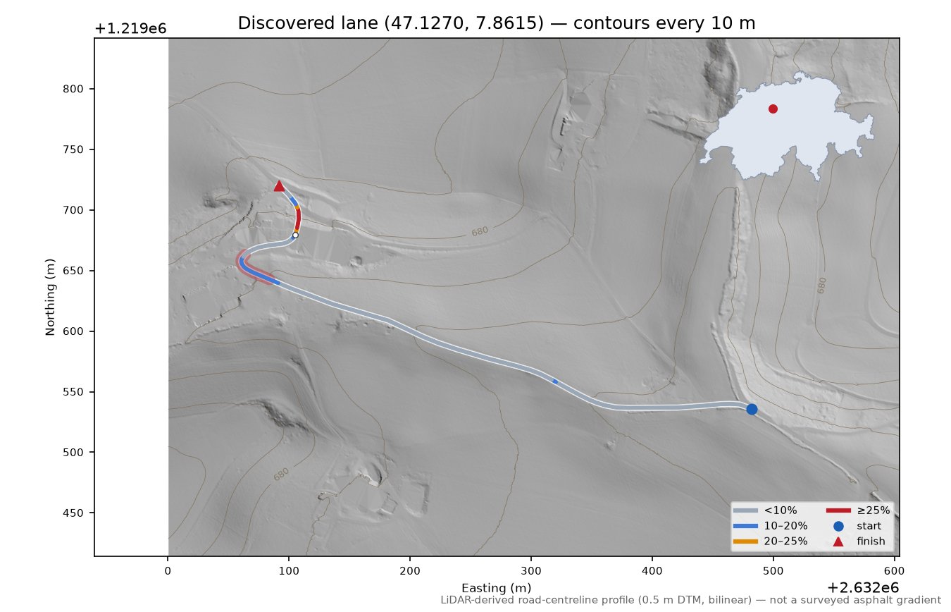 Discovered lane (47.1270, 7.8615) LiDAR hillshade map with contours