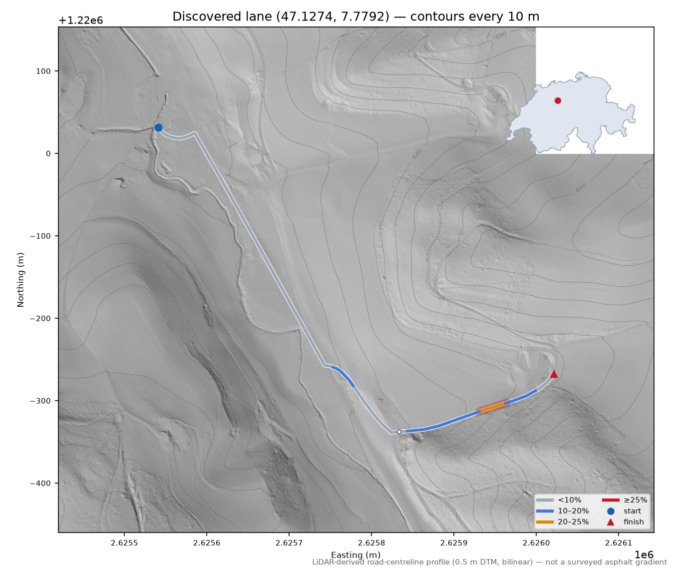Discovered lane (47.1274, 7.7792) LiDAR hillshade map with contours